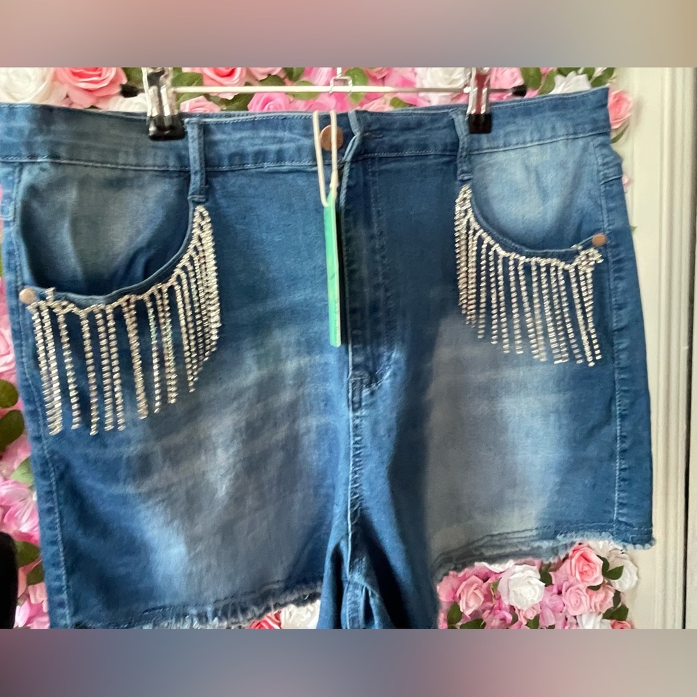 Women Rhinestone Fringe Denim Shorts